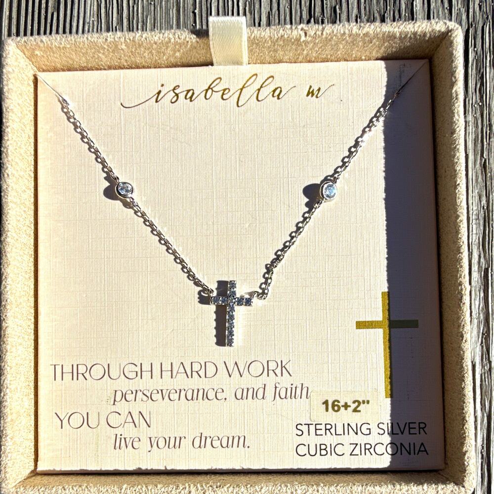 Isabella M 925 Sterling Silver CZ Cross Pendant Cable Chain Necklace 16+2"